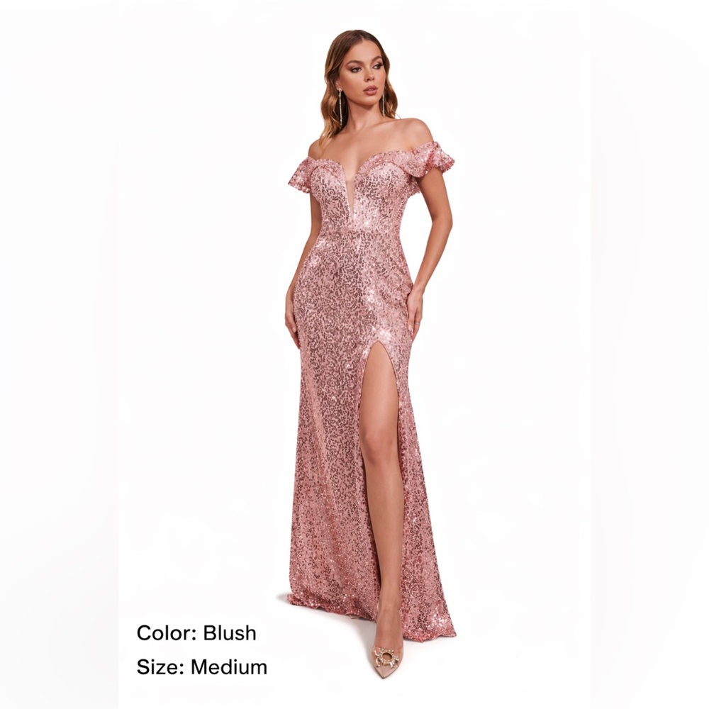 Blush Sequin Off-Shoulder Gown w/ Slit — Size Medium (Formal/Mardi Gras)